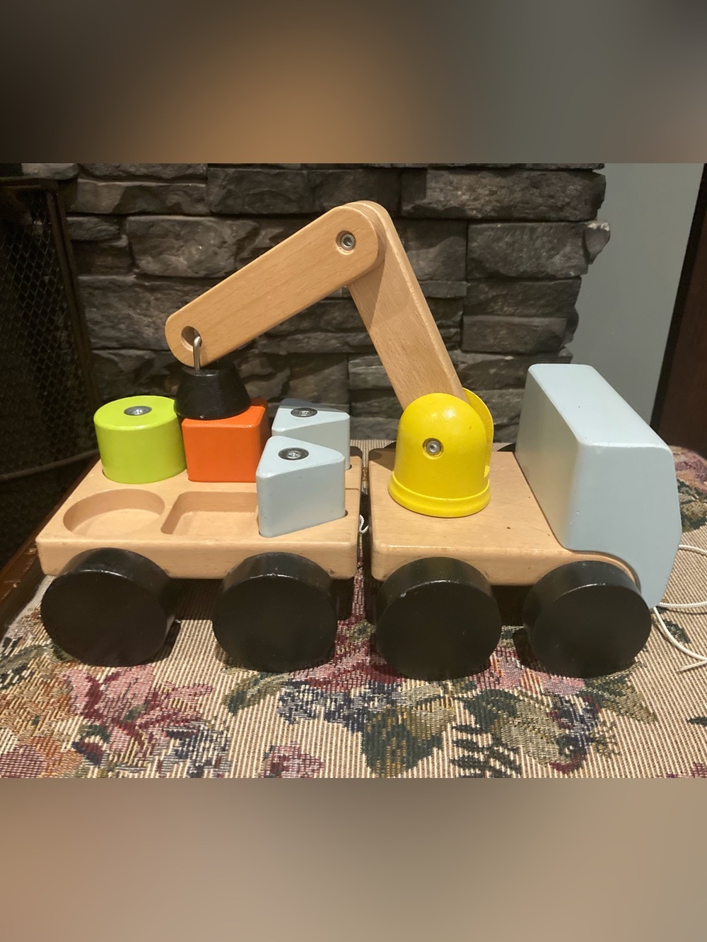 Wooden Crane Toy - Yellow & Blue Interactive Building Set
